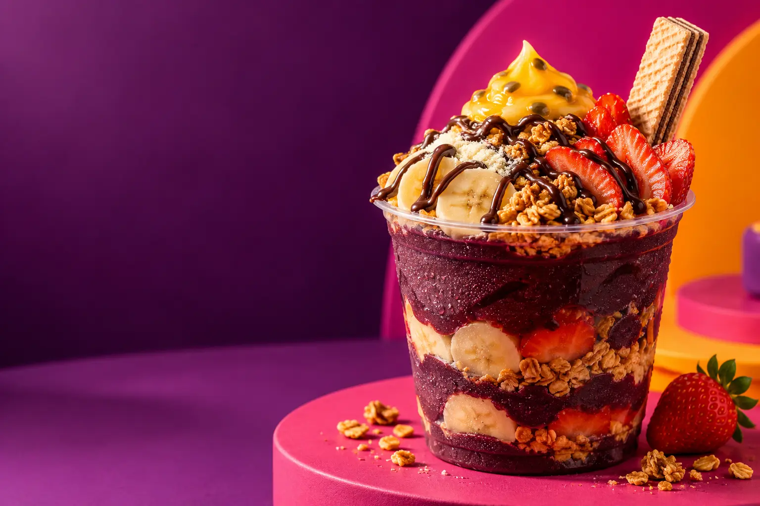 Copo de açaí com frutas, granola e creme